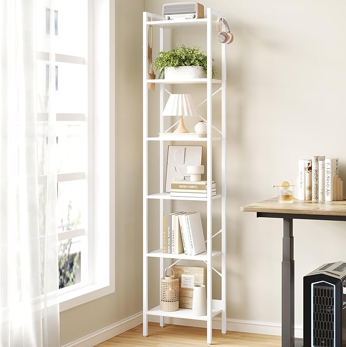 Bookshelf, Book Shelf, Industrial Bookcase with 2 Hooks, Coner Shelf Storage Organizer for Home Office, Living Room, Bedroom, Kitchen, 6-Tier White BC10713W