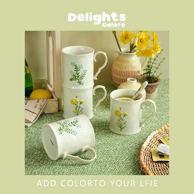2 Pack Floral Ceramic Coffee Mugs - Yellow and Blue Flowers, Hand-Painted, Microwave & Dishwasher Safe, Ideal for Cappuccino, Tea, Hot Chocolate