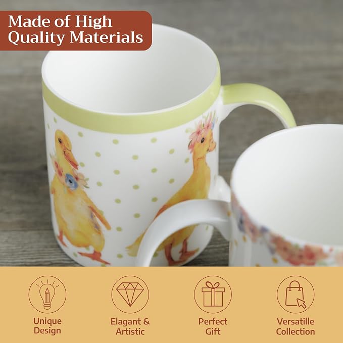 Maison d' Hermine Coffee Mug with Handles Tea Cups (15 Ounce, Pack of 2) | Fine Bone China Coffee Mugs for Hot Beverages Cappuccino Latte Home Restaurant Hotel Spring Summer -Ducklings In Spring