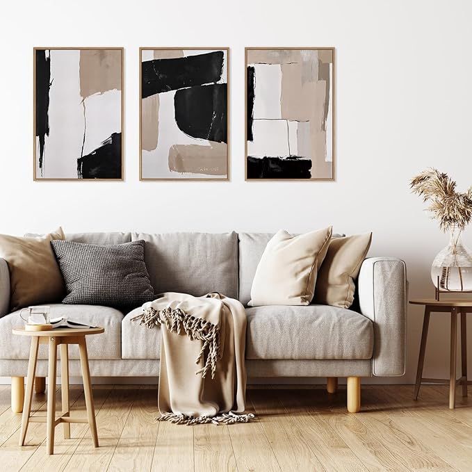 HLNIUC Large Framed Neutral Abstract Canvas Wall Art,Black and White Abstract Wall Decor Set of 3(16”X24”)Modern Minimalist Color Block Art Print,Beige Mid Century Wall Painting for Living Room,Office