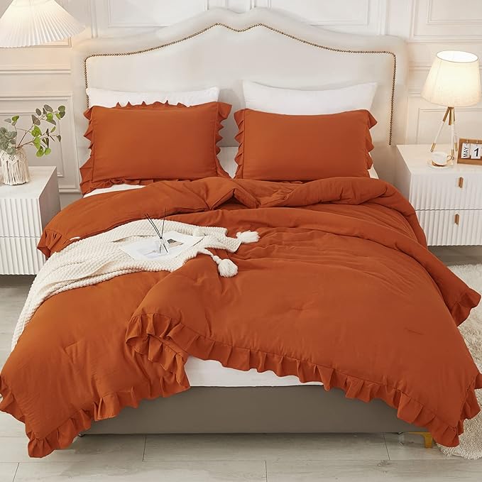 Andency Terracotta Ruffle Comforter Queen(90x90Inch), 3 Pieces(1 Ruffled Comforter and 2 Pillowcases) Solid Farmhouse Shabby Chic Comforter, Vintage Rustic Soft Microfiber Bedding Set