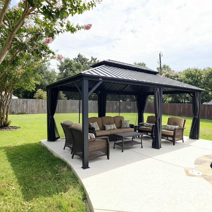PURPLE LEAF 12' X 18' Patio Hardtop Gazebo Outdoor Pavilion Gazebo with Galvanized Steel Double Roof for Patio Lawn Garden Aluminum with Curtains Grey