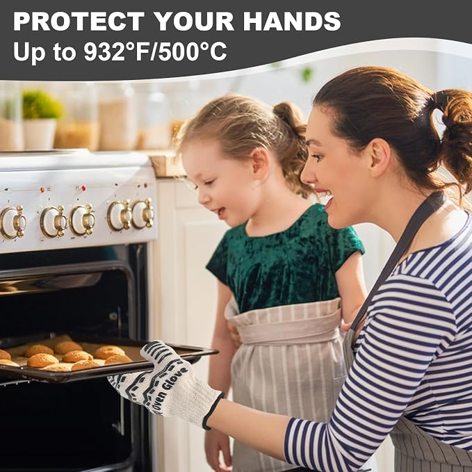 BBQ Gloves 932℉ Heat Resistant Oven Gloves, Cooking Gloves for BBQ, Grilling, Baking,Cutting, Smoker Fireplace-1 Pair (Black)