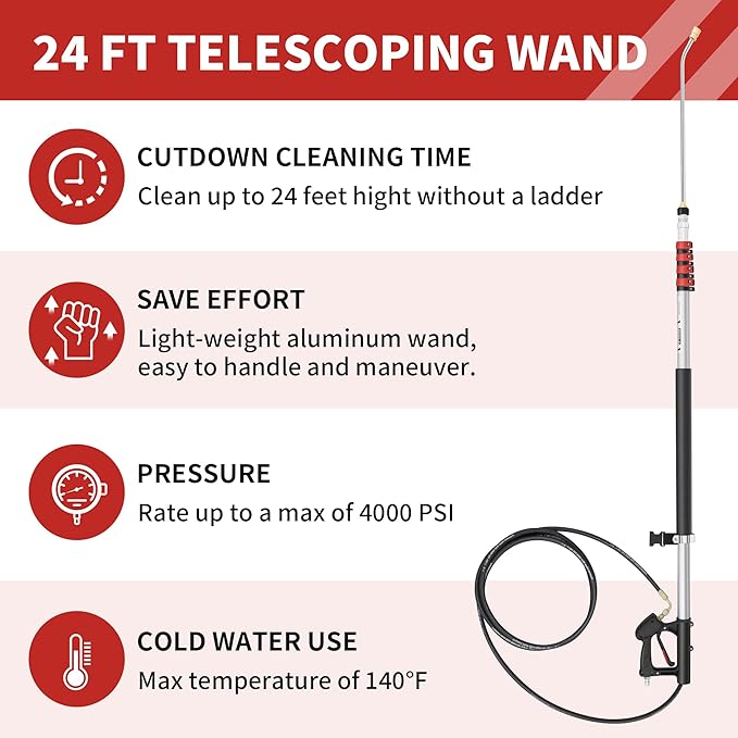 24 FT Gutter Cleaning Tools from The Ground - Telescoping Pressure Washer Wand - Gutter Cleaner Attachment with Power Washer Extension Wands, 7 Spray Nozzle Tips, 3 Hose Adapters and Support Belt