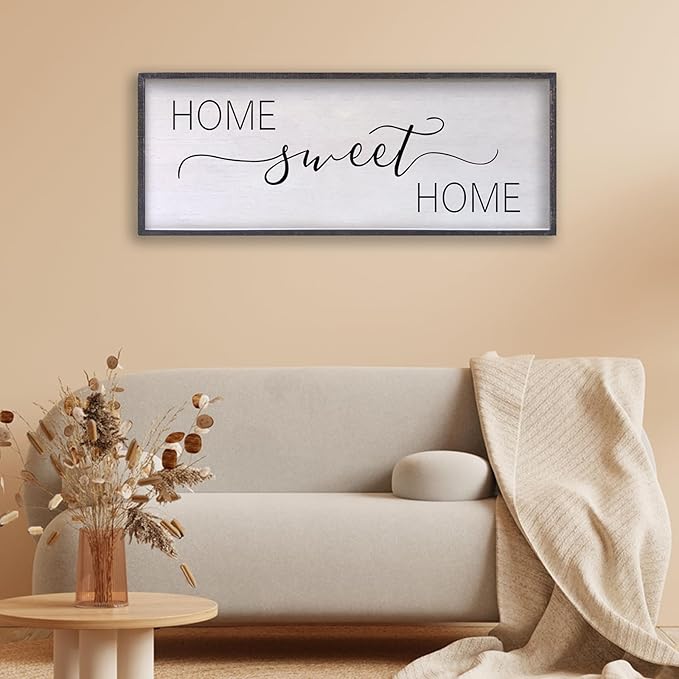 Home Sweet Home Sign Wall Decor 40"x15" Above Bed Living Room Large Wooden Framed Family Plaques Art (Black)