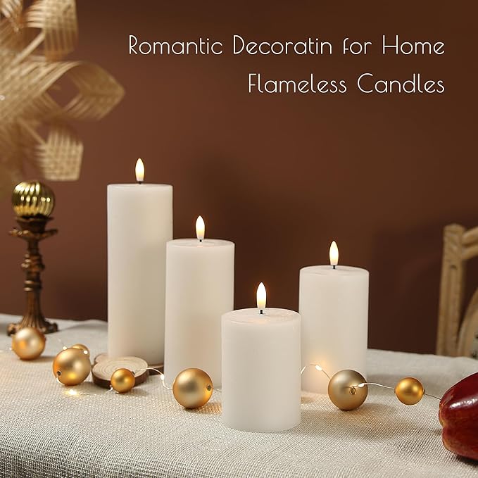 LUSHABOR Flameless Candles, 4 Pack Battery Operated Candles with Remote, Real Wax LED Fake Candles with Timer Flickering for Christmas Wedding Home Party D3 H 5" 6" 7" 9" White