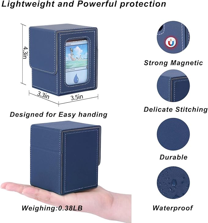 AFIING MTG Deck Box for Commander Display,Card Deck Box Fits 100 Double Sleeved Cards, Magic Commander TCG Card Storage with 2 Dividers,Dice Bag and 1 Toploader(Blue/Grey)