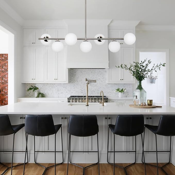 Brushed Nickel Mid Century Modern Chandelier, Linear Sputnik Bubble Pendant Light with Milk Glass Globes, Dimmable Dining Room Light Fixtures over Table for Kitchen Island Living Room Foyer Bedroom