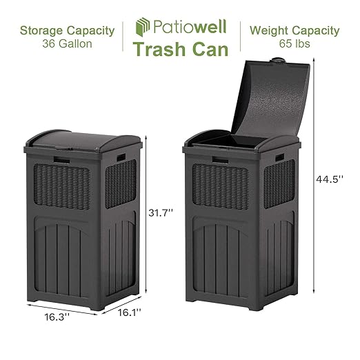 Patiowell 36 Gallon Outdoor Trash Can, Resin Outdoor Garbage Can with Lid for Patio, Backyard, Deck, Black