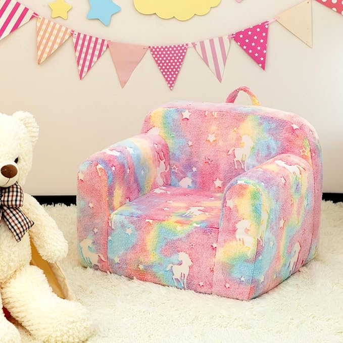 ALIMORDEN Kids Ultra-Soft Snuggle Foam Filled Chair, Cuddly Sherpa Reading Couch for Boys and Girls,Glow-in-The-Dark Unicorn Pattern