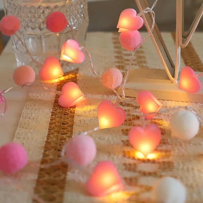 9.85Ft String Lights with 20 Pink Heart LEDs 20 Pink Pom Poms Garland Lights with Timer Valentine Decoration for Home Kid Bedroom Mother's Day Wedding Party Valentine's Day Decor