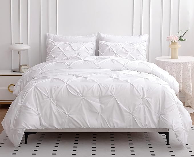 LANE LINEN White Comforter Set with Sheets, 7 Piece Bed in a Bag Queen Size, Pintuck Queen Bed Set, Ultra Soft Bedding Queen Size with Down Alternative Comforter, Sheets, Pillowcases & Shams - White