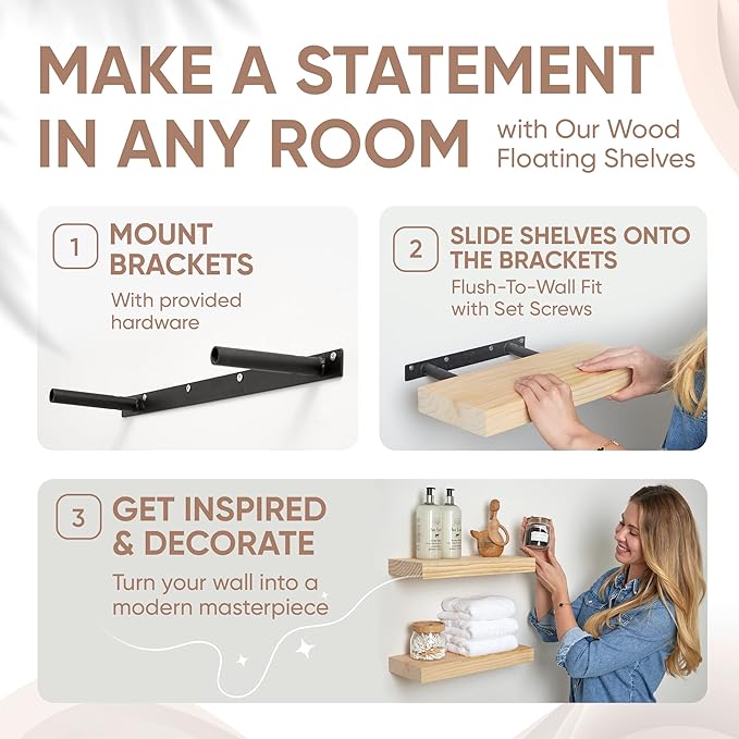 Homeforia 16 inch Natural Floating Shelf, High End Solid Real Wood 16inch Small Floating Shelves for Wall Mounted, Natural Wooden Floating Shelves, Heavy Duty Bracket, 16 X 6.5 X 1.75 in, Set of 4