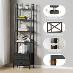 Furologee 5-Tier Ladder Shelf with 2 Drawers,Narrow Bookshelf Storage Shelves,Industrial Bookcase Freestanding Shelf Units for Bedroom,Living Room,Bathroom,Home Office,Balcony,Wood Metal, Black Oak