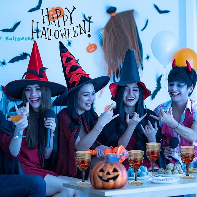 Dandat 6 Pcs Halloween Skeleton Hand Goblets 12oz Clear Plastic Halloween Cups Skull Wine Glass Set for Creepy Spooky Party Decorations (Black)