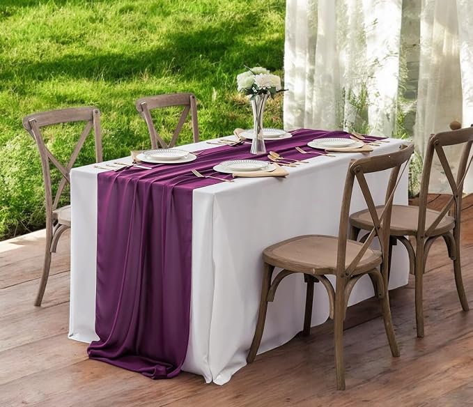 Pack of 12 | Eggplant | 14ft Chiffon Table Runner 29x170 Inches Long Romantic Rustic Sheer Gauze Runner for Wedding Bridal Shower Birthday Banquets Engagement Spring Easter Boho Decorations