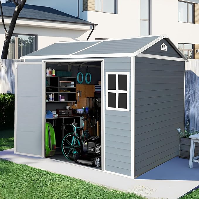 8x6 FT Resin Storage Sheds Outdoor with Floor, 2 Windows & Lockable Door Storage Shed - Waterproof Garden Tool Shed, Patio & Backyard Tool Storage Cabinet Use - Gray