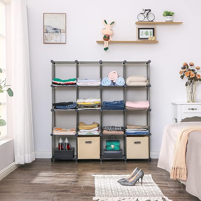 ANWBROAD Cube Storage Organizer, 16-Cube Cubby Shelving Book Shelf Living Room, Closet Clothes organizers, Kids Toys Craft Yarn Storage with Rubber Hammer for Bedroom Office Gray ULCS016H