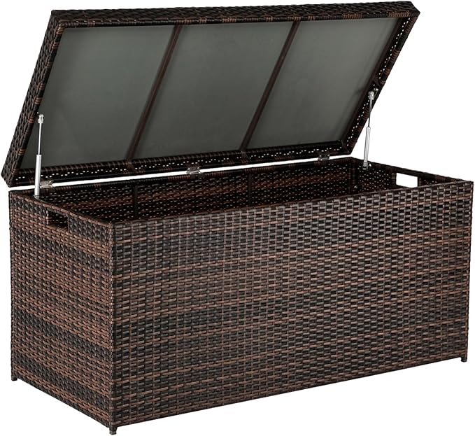 VINGLI Outdoor Wicker Storage Box, 132 Gallon Patio Rattan Deck Box, Wicker Storage Bench for Indoor, Outdoor, Pool, Balcony, Yard, Garden – Dark Brown