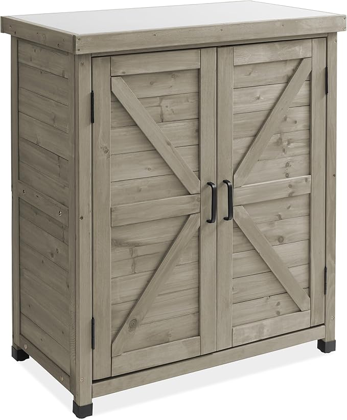 Casafield Outdoor Garden Potting Bench with Metal Tabletop and Storage Cabinet - Wooden Outdoor Garden Patio Workstation Table, Gray