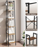 Ladder Shelf, Bookshelf Bookcase, Freestanding Corner Storage Shelve with 2 Hooks for Home Office, Living Room, Kitchen, Bedroom, Industrial, 6-Tier Rustic Brown BC13301B