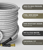 Pressure Washer Hose 50FT 4000 PSI, Kink Resistant Steel Braided Layer & NonMarking Rubber for Hot/Cold Water, High Power Washer Hose With 3/8 Inch Quick Connect & M22 Fitting, Gray