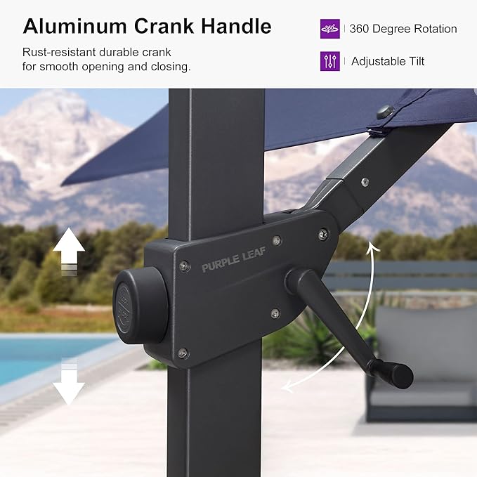 PURPLE LEAF 10' × 10' Patio Cantilever Umbrella with Base Outdoor Square Adjustable Offset Umbrellas with 360-degree Rotation and 8 Heavy Duty Metal Ribs for Garden Deck Pool Navy Blue
