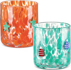 LemonRoad 2 Pcs Christmas Glass Cups 16 oz Green Star Mini Hat Icon Juice Glasses Double Old Fashioned Wine Coffee Cocktail Cups Drinking Glassware for Holiday Xmas Party Supplies Gift