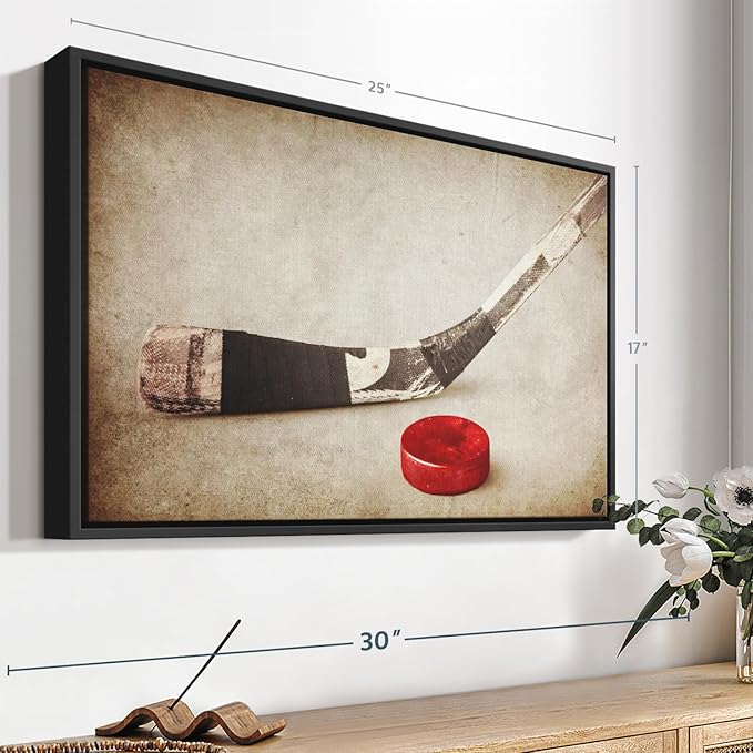 Elephant Stock Vintage Ice Hockey Wall Art - Horizontal Framed Canvas - 1-Piece Hallway Wall Decor - Photography Sports Canvas Print - Brown and Beige Decor for Wall - 25" X 17"