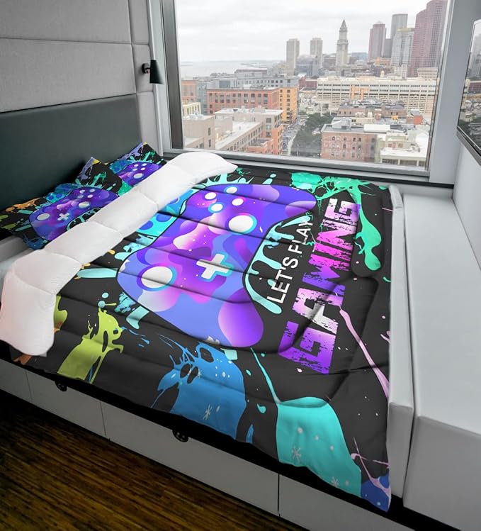 Sunnycitron Gaming Bedding Set Twin Comforter set Gamer Comforter sets for Boys Gaming Comforter set Kids Bed Comforter Set Down Alternative Comforter Game Room Decor,1 Comforter 2Pillowcase