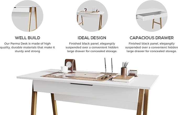 PARMA 42 Inch Modern Desk - Home & Office Small Computer Desk with Wide Drawer - Wooden Study Writing Minimalist Desk with Storage for Small Space, Bedroom & Workstations - Student Desk/Table (White)