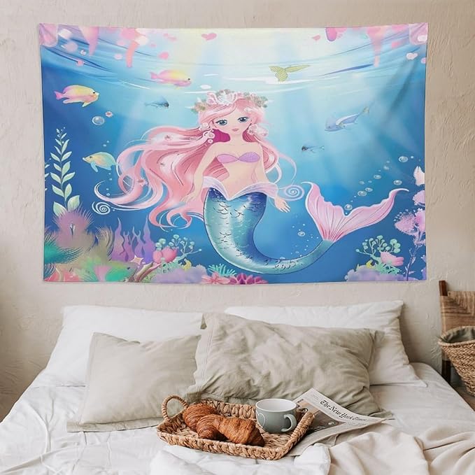 HZOHNAGO Mermaid Girls Tapestry Watercolor Mermaid Princess Pattern Printed Wall Tapestry Wall Hanging for Bedroom Living Room Dorm 90" W x 60" H