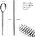 Reusable Spoon and Chopsticks Set, 4 Piece Korean Long Handle Stainless Steel Spoon and Chopsticks Set, Dishwasher Safe for Home, Kitchen or Restaurant