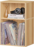 LEYAOYAO 2 Cube Bookshelf,Natural Record Player Stand Holds up to 100 Albums, Mini Wood Book Shelf Storage Organizer,Turntable Stand with Vinyl Storage Cabinet, Narrow Open Bookcase for Small Spaces