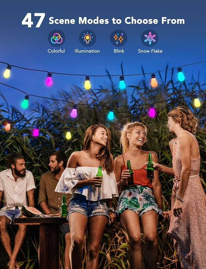Govee Smart Outdoor String Lights H7016, 96ft RGBIC Outdoor Lights with 30 Dimmable LED Bulbs, IP65 Waterproof, Color Changing Warm White Lights with 47 Scene Modes for Patio, Backyard, App Control