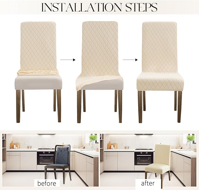 MOSAYT 100% Waterproof Dining Room Chair Covers Set of 2, Super Fit Stretch Jacquard Parson Chairs Slipcovers Removable Washable Chair Seat Protectors for Home, Kitchen, Banquet (Beige)