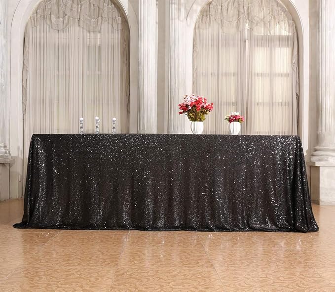 SquarePie Sequin Tablecloth 90 x 156 Inch Black Sparkly Table Linen for Wedding Halloween Party