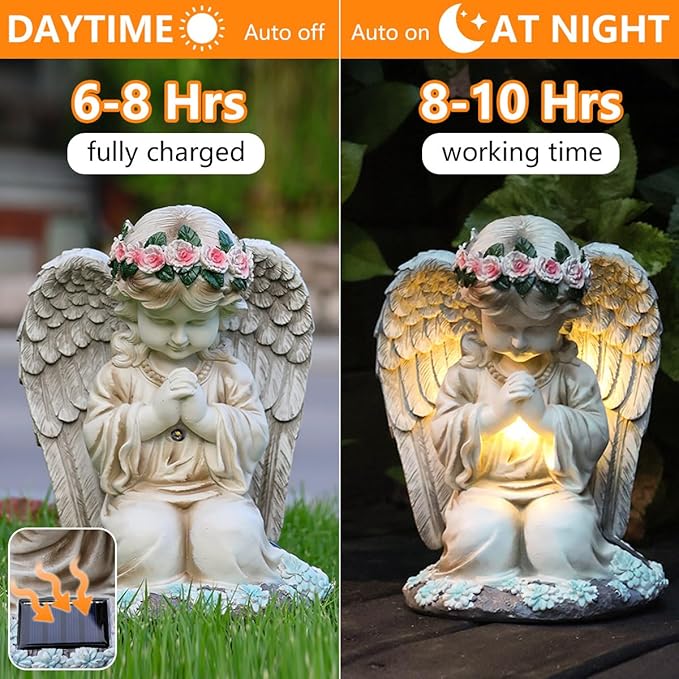 Solar Garden Outdoor Statues Lights, Resin Angel Figurine Light for Patio, Balcony, Yard, Lawn Ornament, Unique Housewarming Gifts and Yard Decor (Prayer Angel)
