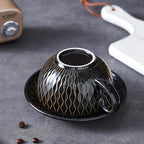 Coffeezone Vintage Design 12 oz Ceramic Latte Art Cappuccino Barista Cup with Saucer (Embossed Black)