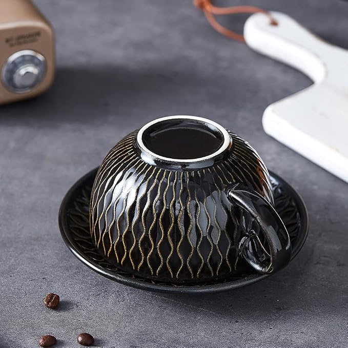 Coffeezone Vintage Design 12 oz Ceramic Latte Art Cappuccino Barista Cup with Saucer (Embossed Black)