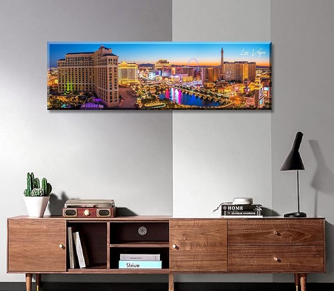 Las Vegas Skyline Wall Art Cityscape Canvas Prints City Modern Building Posters Bellagio Fountain Skyscraper Night View Panoramic Pictures for Home Office Living Room Decor Framed 13.8"x45.3"