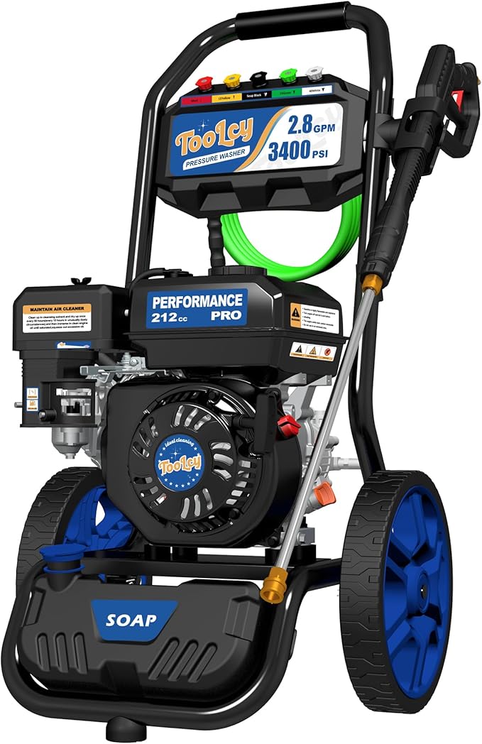 TOOLCY 3400 PSI Gas Pressure Washer, 2.8 GPM Gas Powered Power Washer with Soap Tank, Reinforced Pump & 212cc OHV Engine, 35 FT Pressure Hose, Quick Connect Swivel Pressure Gun, 5 Nozzles for Homes