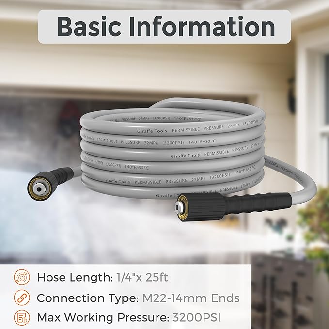 Giraffe Tools Pressure Washer Hose 25FT X 1/4", 3200 PSI Pressure Washing Hose, Kink Resistant, Heavy Duty Power Washer Hose, M22 to 3/8" Quick Connect Couplers for Replacement, 7 Accessories
