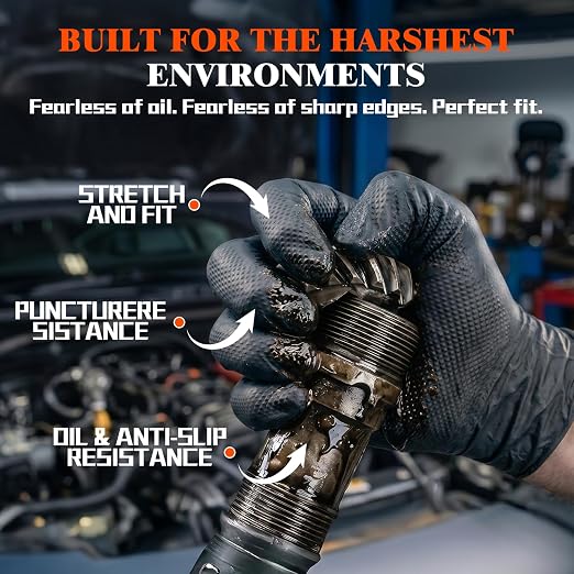 ANBOSON 10 Mil Heavy Duty Mechanic Nitrile Gloves, Large Black 200 Count | Diamond Grip,Latex Free,Chemical Resistant Disposable Thick Rubber Gloves for Auto Repair, Industrial, Food, Work ,BBQ,Men