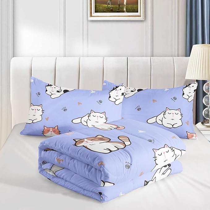 Datura home Purple Kawaii Cat Comforter Bedding Set for Girls Kitten Purple Print Cute Animal Pattern with 1 and 2 Pillowcases Bedroom All Season(Cat Purple Twin), Twin 68x86inches