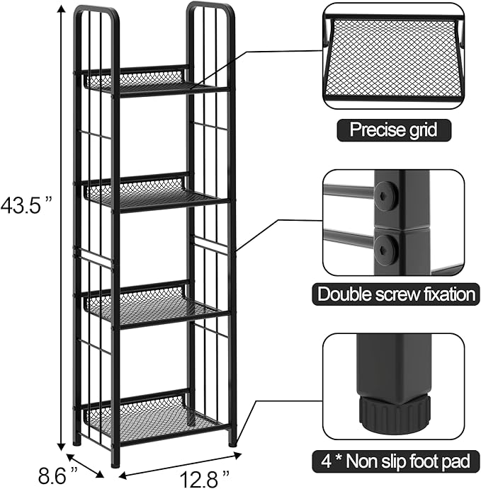 Bookshelf Vertical Storage Freestanding Storage Stand for Living Room, Bedroom, Kitchen, Rust Resistance, Easy Assemblyl Free CombinationMulti-Functional Organizer (4 Tiers, Black)