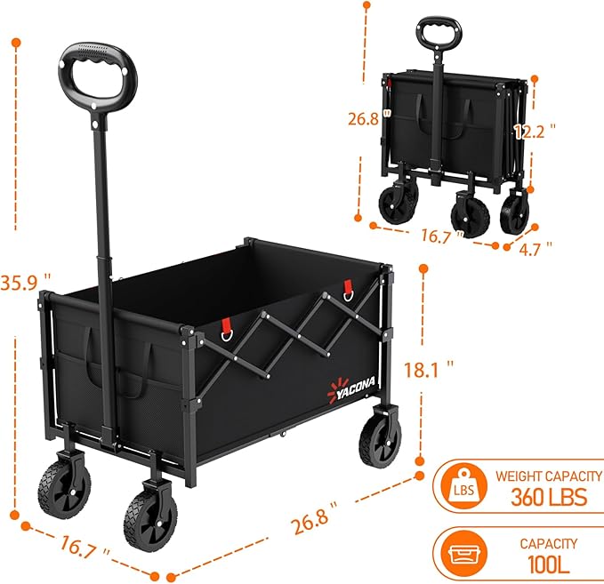Wagons Carts Foldable, Lightweight Portable Utility Shopping Cart with Wheels, Folding Grocery Wagon Cart for Grocery, Camping, Shopping, Beach, Garden, Sports Black