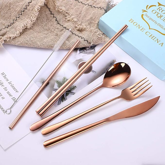 AARAINBOW 6 Pieces 18/8 Stainless Steel Flatware Set Portable Reusable Cutlery Set Travel Utensils Set Including Chopsticks Knife Fork Spoon Straws Cleaning Brush Dishwasher Safe (Rose Gold)