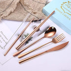 AARAINBOW 6 Pieces 18/8 Stainless Steel Flatware Set Portable Reusable Cutlery Set Travel Utensils Set Including Chopsticks Knife Fork Spoon Straws Cleaning Brush Dishwasher Safe (Rose Gold)