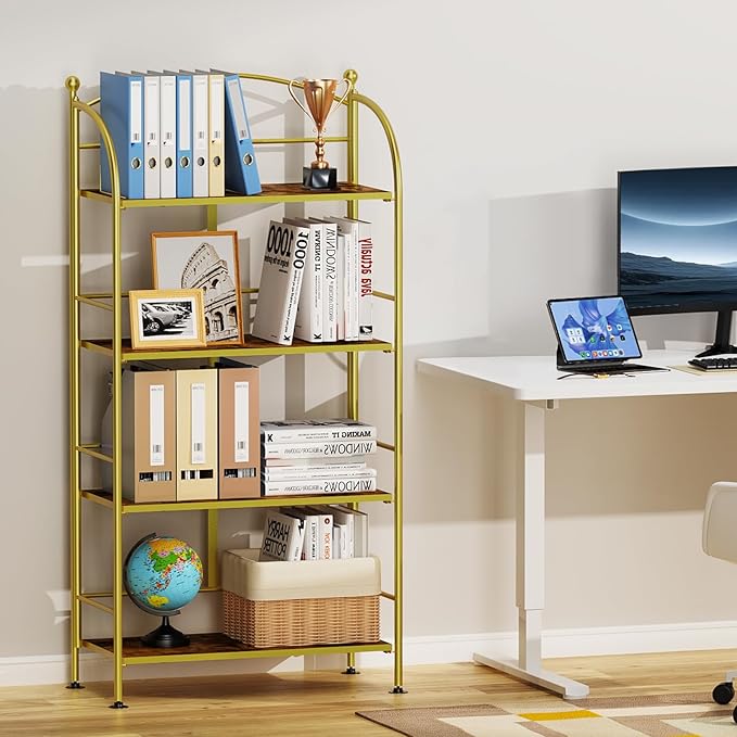 FRAPOW Folding Bookshelf No Assembly, 4 Tier Shelf Gold Collapsible Bookcase, Arched Metal Display Tall Book Shelf with Storage Shelves for Bedroom, Living Room, Home Office